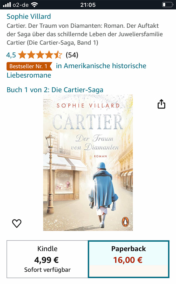 Screenshot von Amazon: »Der Traum von Diamanten« ist Bestseller in der Kategorie »Amerikanische historische Romane«